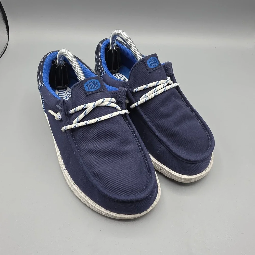 Hey Dude Wally Shoes Boys 3 Navy Blue Funky Jersey Jacquard Slip On Lightweight